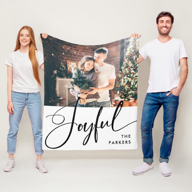 Joyful | Elegant Script and Photo Christmas Fleece Blanket (In Situ)