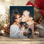 Joyful | Elegant Script and Photo Christmas Holiday Card<br><div class="desc">This elegant Christmas holiday card says "Joyful" in modern script calligraphy. Add your favourite family photo,  and your message inside. The back of the card is a festive green colour.</div>