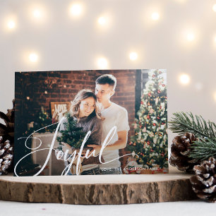 Joyful   Elegant Script and Photo Christmas Holiday Card