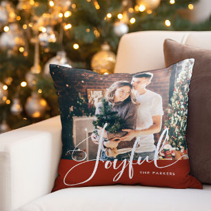 Joyful   Elegant Script and Photo Christmas Red Throw Pillow