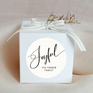 Joyful   Elegant Script Black and White Christmas Classic Round Sticker