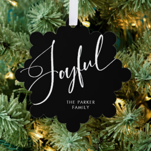 Joyful   Elegant Script Black Christmas Ornament Card