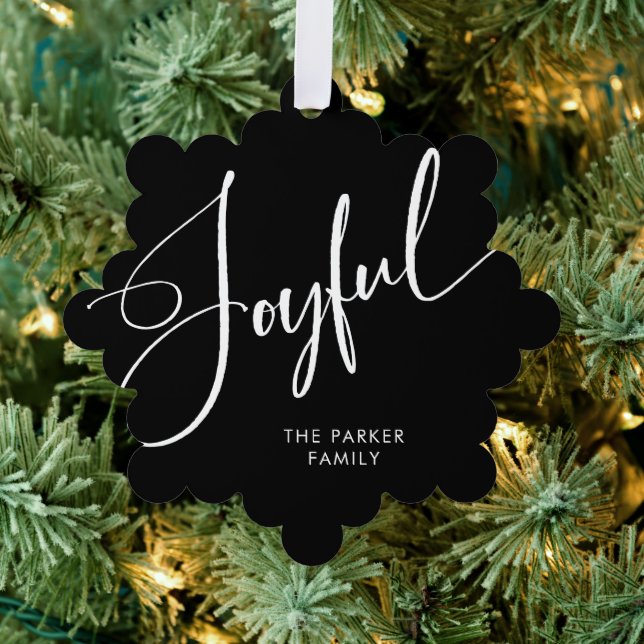 Joyful | Elegant Script Black Christmas Ornament Card (Insitu (Tree))