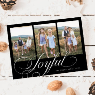 Joyful Elegant Script Black Multi Photo Holiday Card