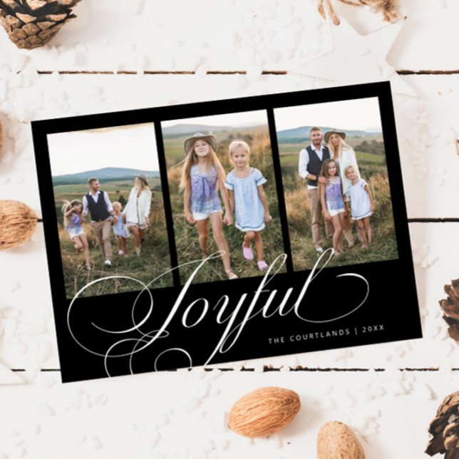Joyful Elegant Script Black Multi Photo Holiday Card (Creator Uploaded)