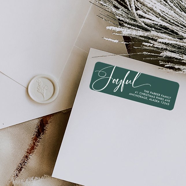Joyful | Elegant Script Christmas Green (Elegant Christmas return address labels with modern calligraphy)