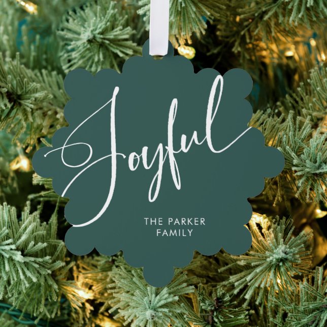 Joyful | Elegant Script Green Christmas Ornament Card (Insitu (Tree))