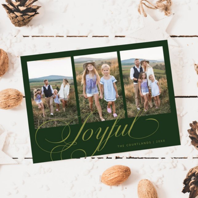 Joyful Elegant Script Green Multi Photo Holiday (Creator Uploaded)