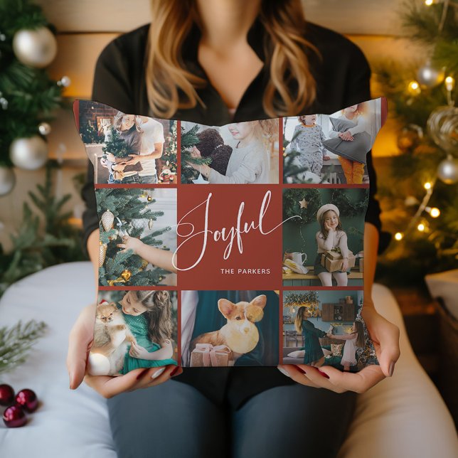 Joyful | Elegant Script Multi Photo Christmas Throw Pillow (A pretty red Christmas pillow that says "Joyful" in elegant script, with eight of your photos)