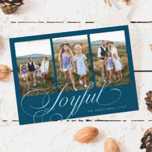 Joyful Elegant Script Teal Multi Photo Holiday Card