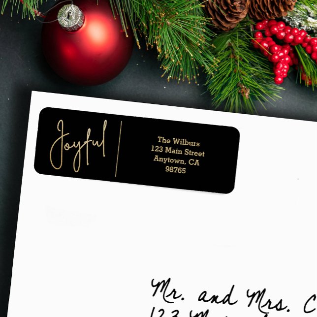JOYFUL Étiquette d'adresse de retour de Noël or et (JOYFUL faux gold foil script on black return address labels)