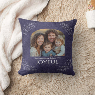 Joyful Family Christmas Photo Elegant Blue Throw Pillow