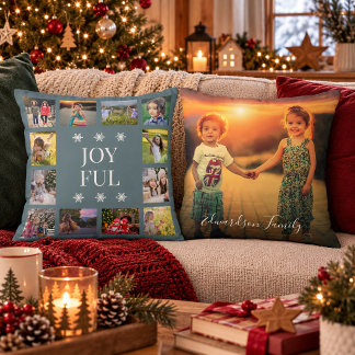 Joyful family multi photo elegant Christmas Throw Pillow