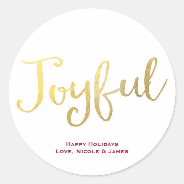 JOYFUL Faux Gold Foil Look Holiday Favour Classic Round Sticker (Front)