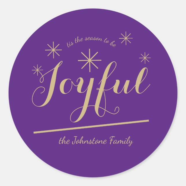 Joyful Festive Family Name Modern Chic Christmas  Classic Round Sticker (Front)