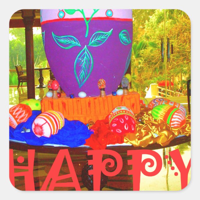 Joyful Festive Springtime Easter Colourful Eggs Ar Square Sticker (Front)