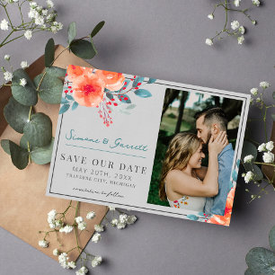 Joyful Floral Orange and Teal Bright Save The Date