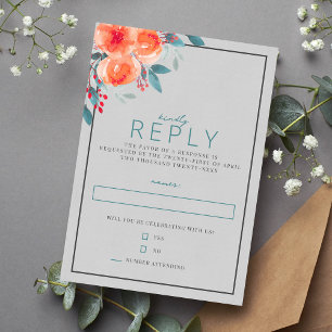 Joyful Floral Orange and Teal Wedding RSVP Card