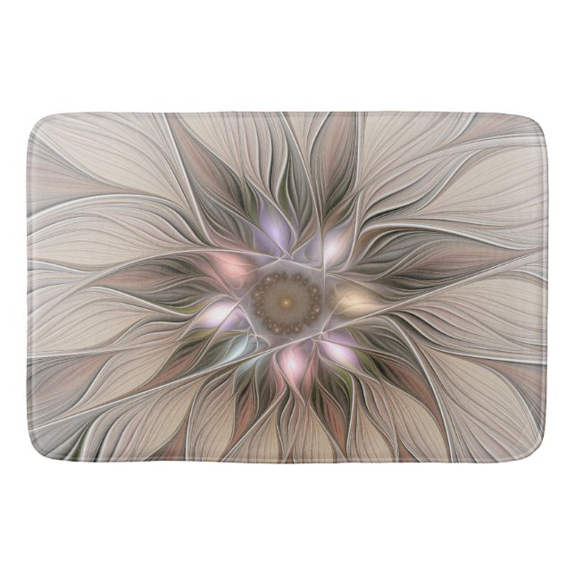 Joyful Flower Abstract Beige Brown Floral Fractal Bath Mat (Front)