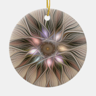 Joyful Flower Abstract Beige Brown Floral Fractal Ceramic Ornament