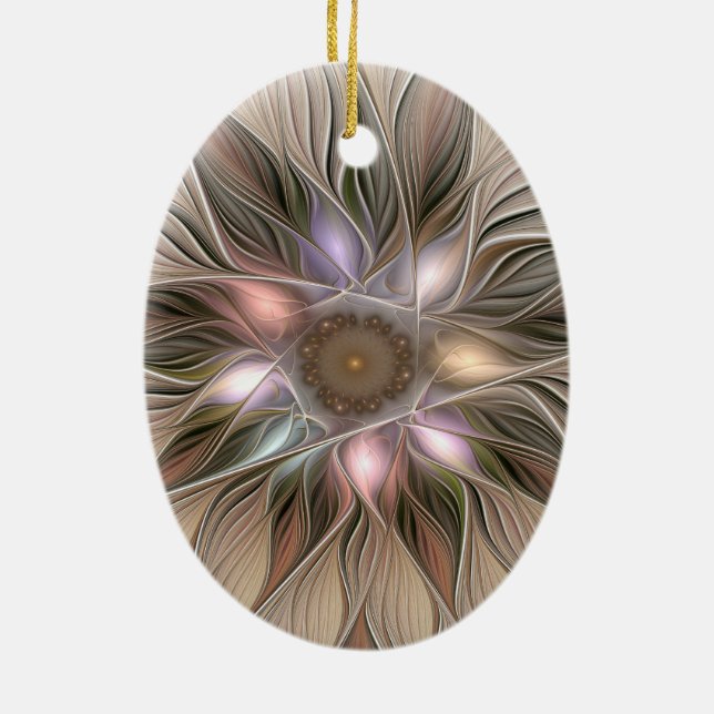 Joyful Flower Abstract Beige Brown Floral Fractal Ceramic Ornament (Back)