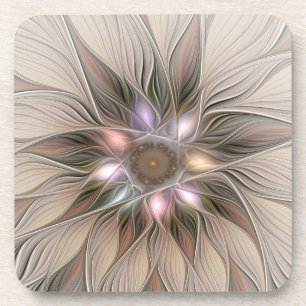 Joyful Flower Abstract Beige Brown Floral Fractal Coaster