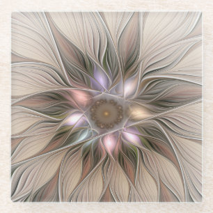 Joyful Flower Abstract Beige Brown Floral Fractal Glass Coaster