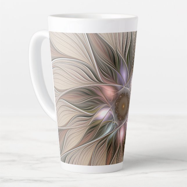 Joyful Flower Abstract Beige Brown Floral Fractal Latte Mug (Left Angle)