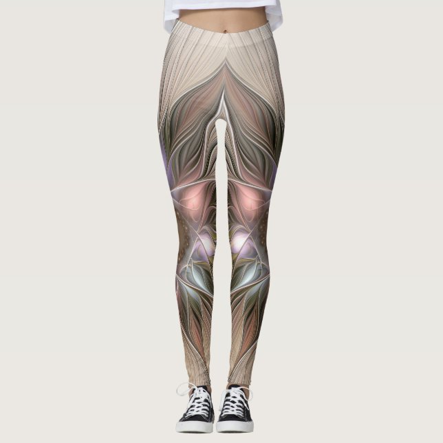 Joyful Flower Abstract Beige Brown Floral Fractal Leggings (Front)