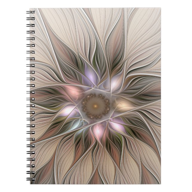 Joyful Flower Abstract Beige Brown Floral Fractal Notebook (Front)