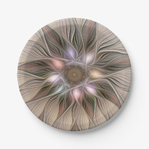 Joyful Flower Abstract Beige Brown Floral Fractal Paper Plate