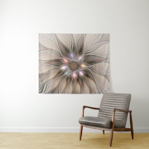 Joyful Flower Abstract Beige Brown Floral Fractal Tapestry