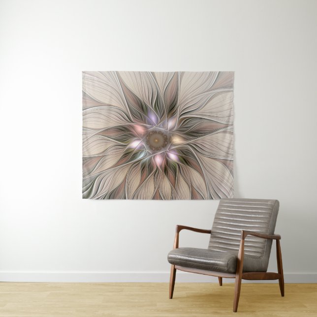 Joyful Flower Abstract Beige Brown Floral Fractal Tapestry (In Situ (Horizontal))