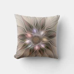 Joyful Flower Abstract Beige Brown Floral Fractal Throw Pillow