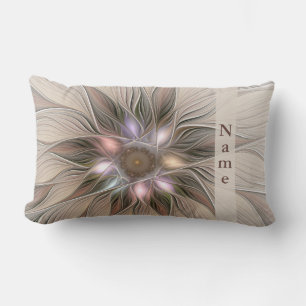 Joyful Flower Abstract Beige Brown Fractal Name Lumbar Pillow