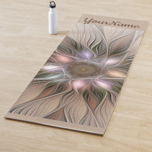 Joyful Flower Abstract Beige Brown Fractal Name Yoga Mat