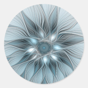 Joyful Flower Abstract Blue Gray Floral Fractal Classic Round Sticker
