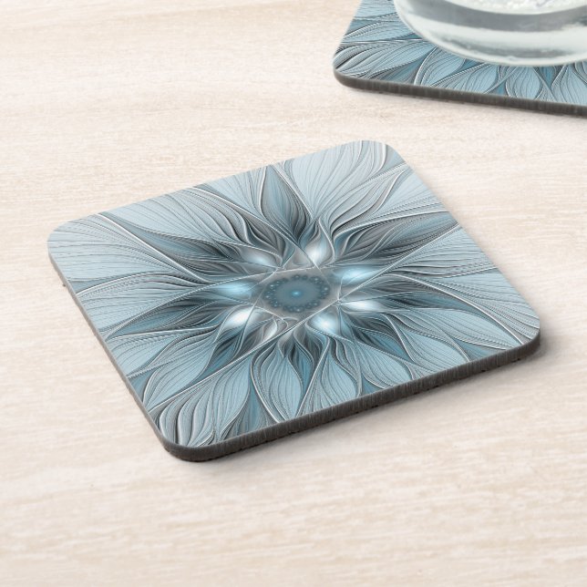 Joyful Flower Abstract Blue Gray Floral Fractal Coaster (Left Side)