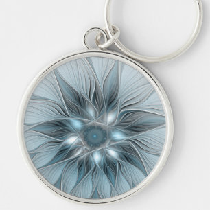 Joyful Flower Abstract Blue Gray Floral Fractal Keychain