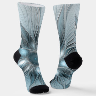 Joyful Flower Abstract Blue Gray Floral Fractal Socks
