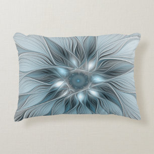 Joyful Flower Abstract Blue Grey Floral Fractal Accent Pillow