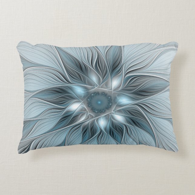 Joyful Flower Abstract Blue Grey Floral Fractal Accent Pillow (Front)