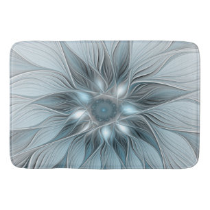 Joyful Flower Abstract Blue Grey Floral Fractal Bath Mat