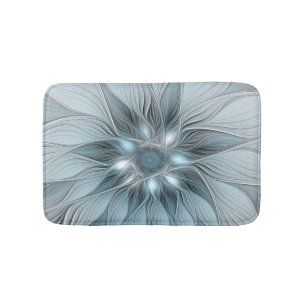 Joyful Flower Abstract Blue Grey Floral Fractal Bath Mat