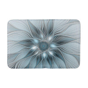 Joyful Flower Abstract Blue Grey Floral Fractal Bath Mat