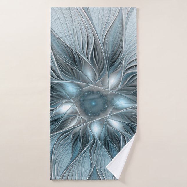 Joyful Flower Abstract Blue Grey Floral Fractal Bath Towel (Bath Towel)