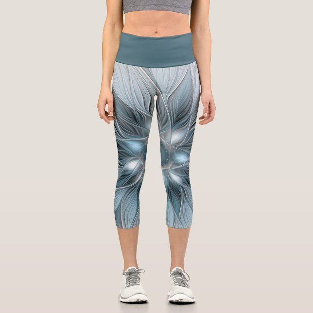 Joyful Flower Abstract Blue Grey Floral Fractal Capri Leggings (Front)