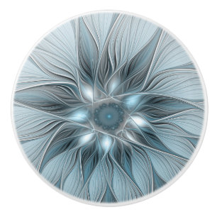 Joyful Flower Abstract Blue Grey Floral Fractal Ceramic Knob