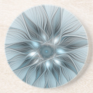 Joyful Flower Abstract Blue Grey Floral Fractal Coaster