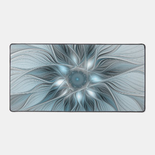 Joyful Flower Abstract Blue Grey Floral Fractal Desk Mat